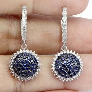 925 Sterling Silver Earrings Blue Sapphire Round Diamond Cut Topaz Gemstone